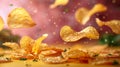 Potato chips fly on a pink background, the process of making chips, fast food levitation Royalty Free Stock Photo