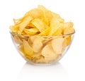 Potato chips in glass bowl isolated on white background Royalty Free Stock Photo