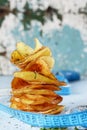 Natural potato chips with sea salt on a light background. Diet. Royalty Free Stock Photo