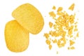Potato chips isolated on white background with full depth of field. Top view. Flat lay. Royalty Free Stock Photo