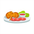 Potato Chips, Ketchup And Tomato, Oktoberfest Grill Food Plate Illustration