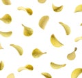 Potato chips levitate on a white background. Falling potato chips isolated on white background Royalty Free Stock Photo