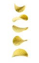 Potato chips levitate on a white background. Falling potato chips isolated on white background Royalty Free Stock Photo