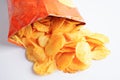 Potato chips in open bag, delicious BBQ seasoning spicy for crips, thin slice deep fried snack fast food