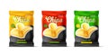 Potato chips package design. Realistic vegetable snacks. Fast food product mockup. Frying unhealthy meal in air bags