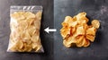 Potato Chips Package Versus Scattered Snack on Dark Background Royalty Free Stock Photo