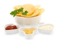 Potato chips with parsley and sauces