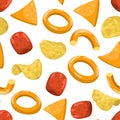 Potato chips pattern. Seamless print of crunchy crispy salted snack, fast food fried food for party decoration. Vector Royalty Free Stock Photo