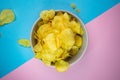 selective focus, potato chips on a colored background