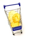 potato chips in a small shopping cart on white background