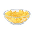 Potato chips in transparent glass bowl. Salty snack for beer. Plate of crispy snacks