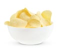 Potato chips in white bowl isolated on white background with clipping path. Royalty Free Stock Photo