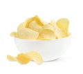 Potato chips in white bowl isolated on white background with clipping path. Royalty Free Stock Photo