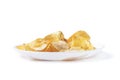 Potato chips on white plate isolated on white background, Selective focus. clipping path Royalty Free Stock Photo