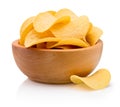 Potato chips in wooden bowl isolated on white background Royalty Free Stock Photo