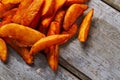 Potato chips on wooden surface.