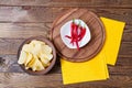 Potato chips,yellow tablecloth,hot pepper and pizza desk on table, food background,empty,top view Royalty Free Stock Photo