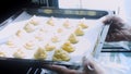 Potato cookies canonic recipe Brie, parmesan and Heavy cream. The chef bakes potato cookies in the oven. Sunbeams that