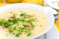 Potato cream soup with chopped meat balls Royalty Free Stock Photo