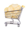 Potato crisps in a shopping cart isolated on white background