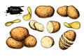 Potato drawing set. Vector Isolated potatoes heap, sliced pieces and chips. Vegetable