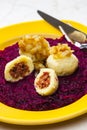 potato dumplings filled with smoked meat with fried onion on red cabbage Royalty Free Stock Photo