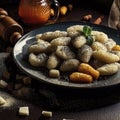 Potato dumplings sulance gnocci with milled poppy seeds shugar powder and marmalade