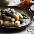 Potato dumplings sulance gnocci with milled poppy seeds shugar powder and marmalade