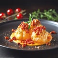 Potato dumplings with sun-dried tomato pesto dark on plate. Vegan food. Close-up. Generative AI content.