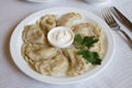 Potato-filled varenyky on a white plate on white table vareniki with sour cream