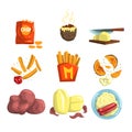 Potato food dishes set, snacks and cooked potato products vector Illustrations