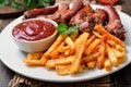 Potato fries, pork ribs and tomato sauce Royalty Free Stock Photo