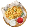 Potato fries with sauce and rosemary on wooden board. Watercolor illustration