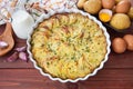 Potato gratin in round baking dish