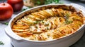 Potato gratin with thyme in baking dish on the table.