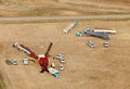 An aerial view of a potato harvest sorting operation.