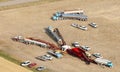 An aerial view of a potato harvest sorting operation.