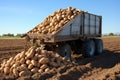A truck full of harvested potatoes at the farm. AI Generated