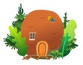 Potato house among the grass in meadow. Cartoon fairy tale illustration. Insect dwelling. Isolated on white background Royalty Free Stock Photo