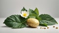 Potato leaf and flower on white background. Isolated