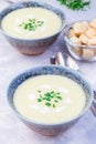 Potato leek soup in blue ceramic bowl garnished with french cream and green onion, vertical Royalty Free Stock Photo