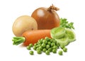 Potato, onion, carrot, leek and green peas isolated on white background
