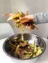 Potato, onion and carrot peelings on a worktop