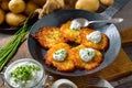 Potato pancakes with curd and chives Royalty Free Stock Photo