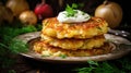 Potato Pancakes, Draniki, Deruny, Potato Latkes, Latkas, Raggmunk or Boxties on Dark Wood Rustic Royalty Free Stock Photo