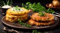 Potato Pancakes, Draniki, Deruny, Potato Latkes, Latkas, Raggmunk or Boxties on Dark Wood Rustic Royalty Free Stock Photo