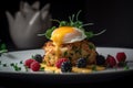 Potato pancakes with fried egg and berries on a white plate. Royalty Free Stock Photo