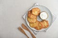 Potato pancakes or latkes or draniki with sour cream in plate Royalty Free Stock Photo