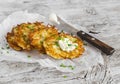 Potato pancakes or latkes on a light rustic wood surface