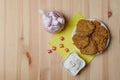 potato pancakes in a plate and a cup of coffee on a wooden background Royalty Free Stock Photo